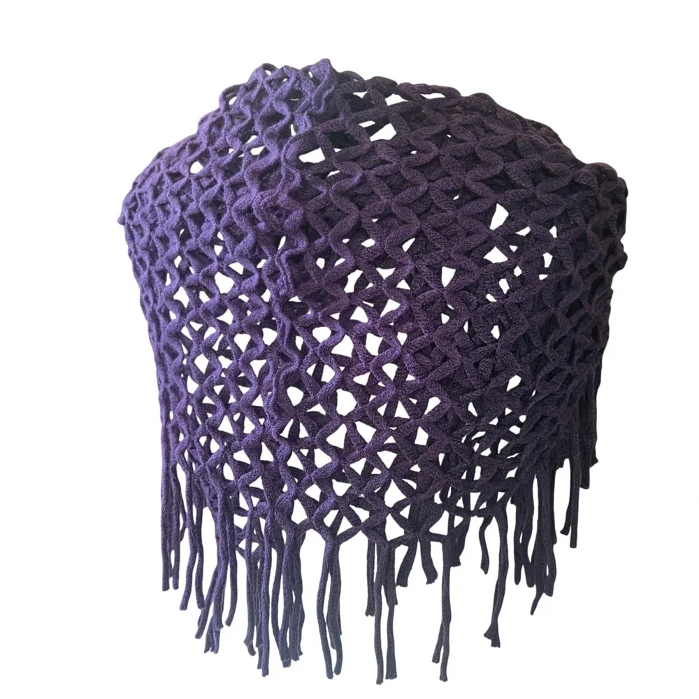 Steve Madden Witchy Whimsical Goth Purple Open Knit Crochet Fringe Shawl Scarf